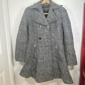 Liz Claiborne PeaCoat Womens M Herringbone Black/Gray Double Breasted Wool Blend